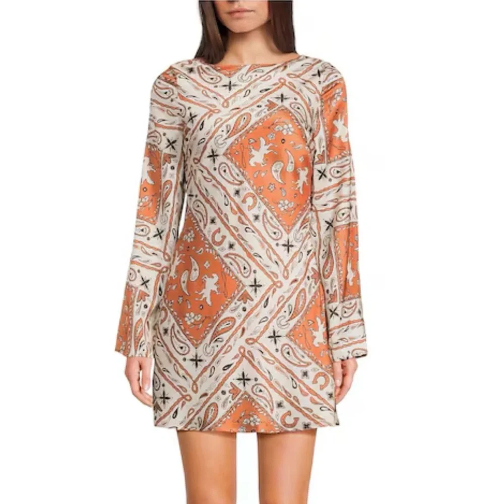 Bailey Rose Paisley Print Long Sleeve Mini Dress in Burnt Orange. Size XS - Picture 1 of 10